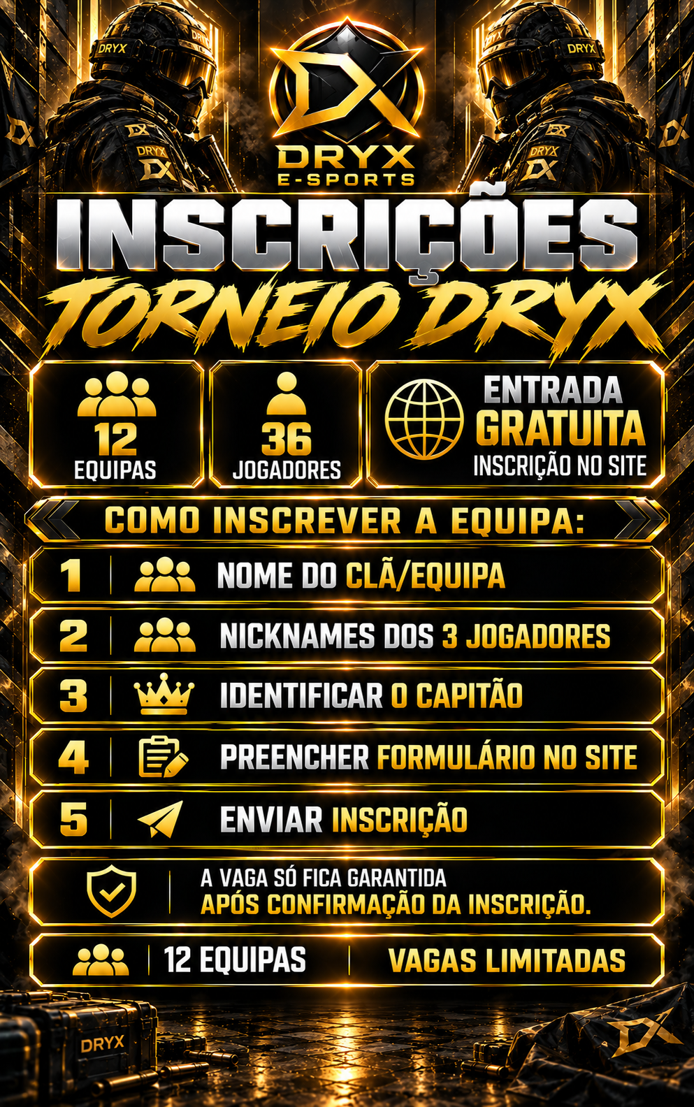 Inscrições do torneio DRYX: 2 € por jogador, 6 € por equipa, pagamento via MB WAY